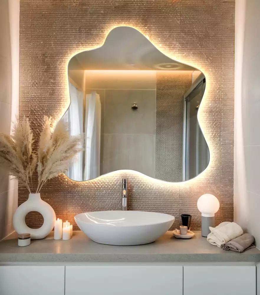 Miroir décoratif moderne en forme de tache avec éclairage intégré