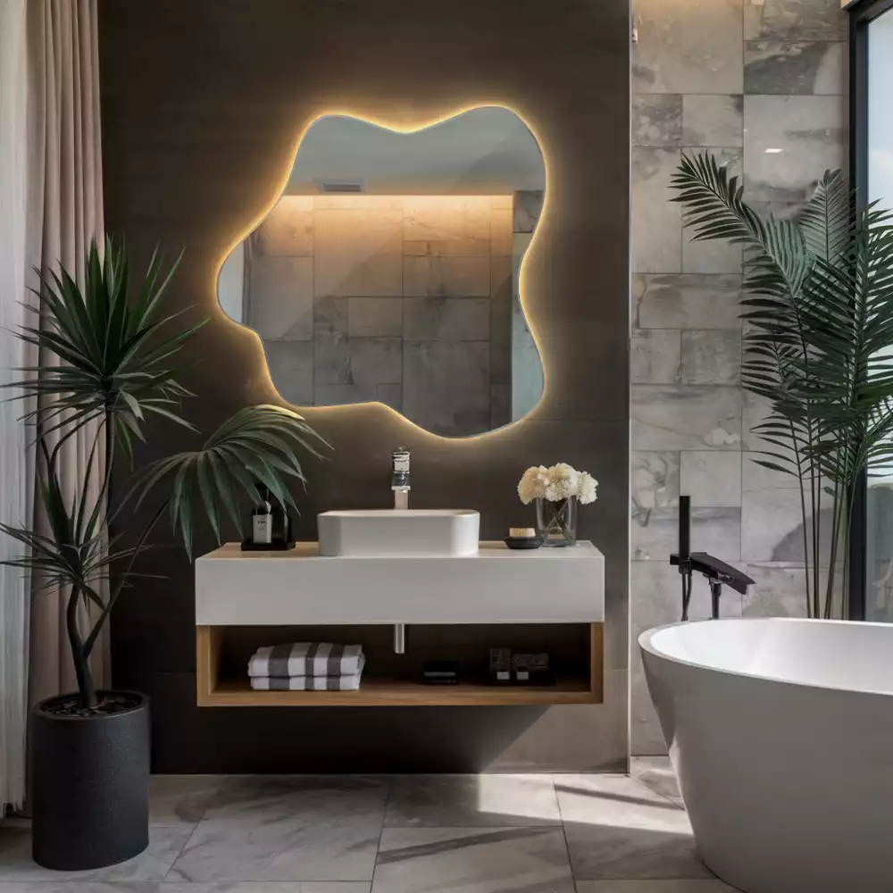 Miroir décoratif moderne en forme de tache avec éclairage intégré