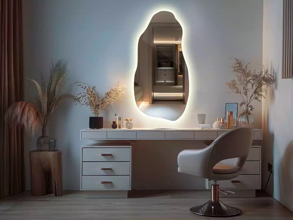 Miroir suspendu de forme organique avec éclairage LED