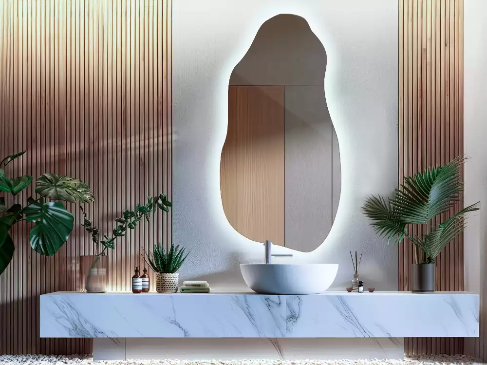 Miroir suspendu de forme organique avec éclairage LED