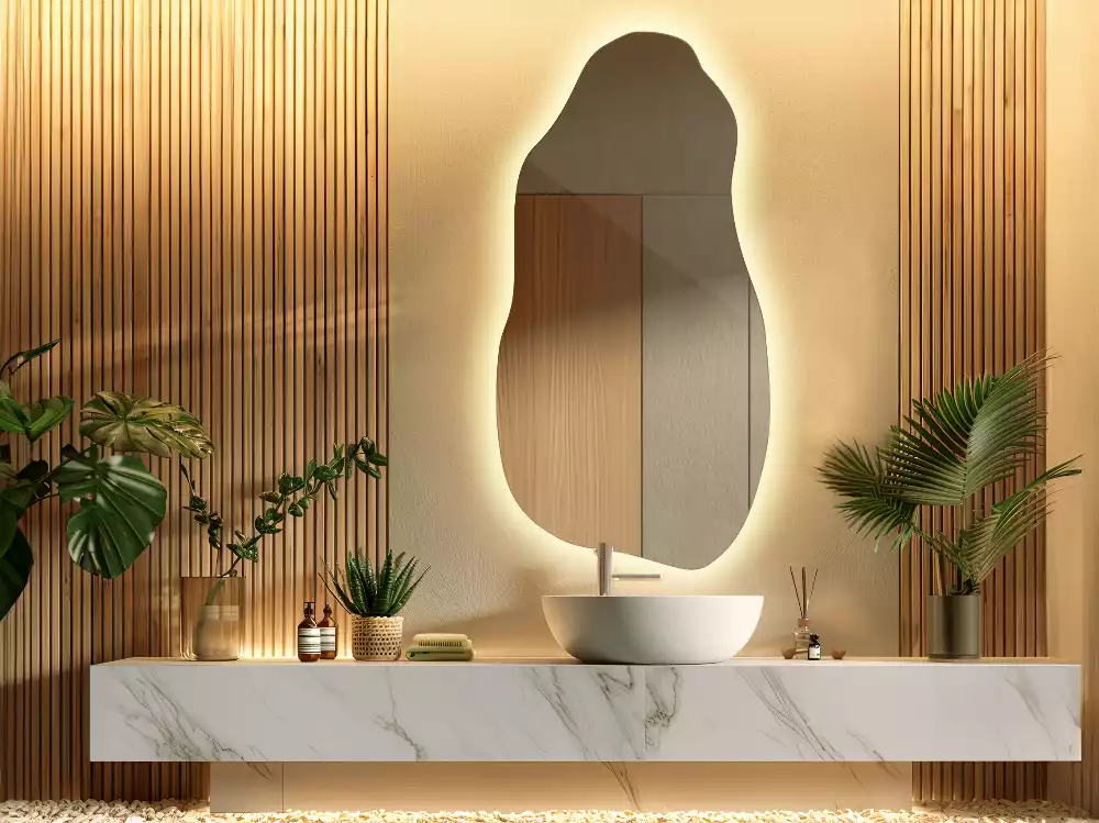 Miroir suspendu de forme organique avec éclairage LED