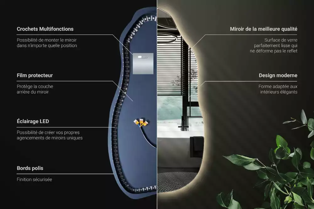 Miroir suspendu de forme organique avec éclairage LED
