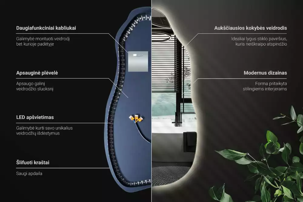 Miroir suspendu de forme organique avec éclairage LED