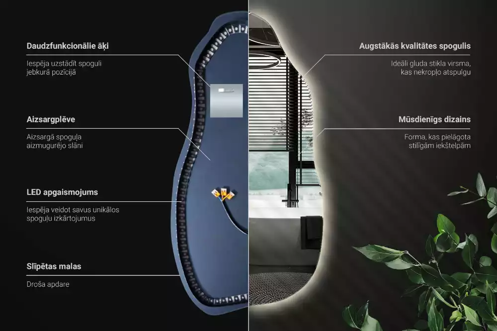 Miroir suspendu de forme organique avec éclairage LED