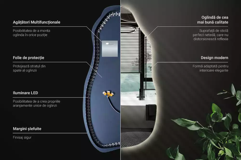 Miroir suspendu de forme organique avec éclairage LED