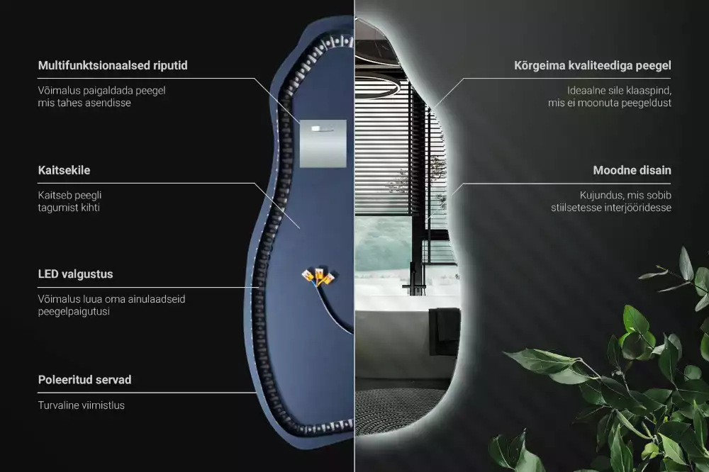 Miroir suspendu de forme organique avec éclairage LED