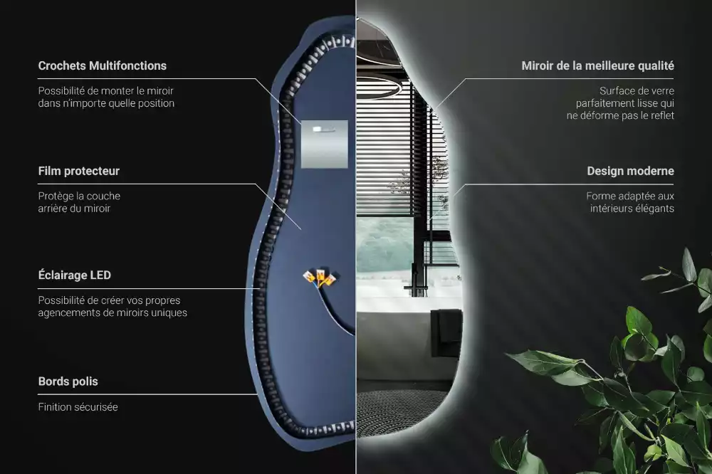 Miroir suspendu de forme organique avec éclairage LED