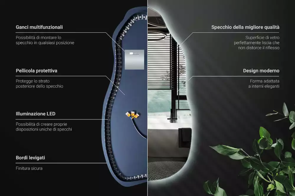 Miroir suspendu de forme organique avec éclairage LED