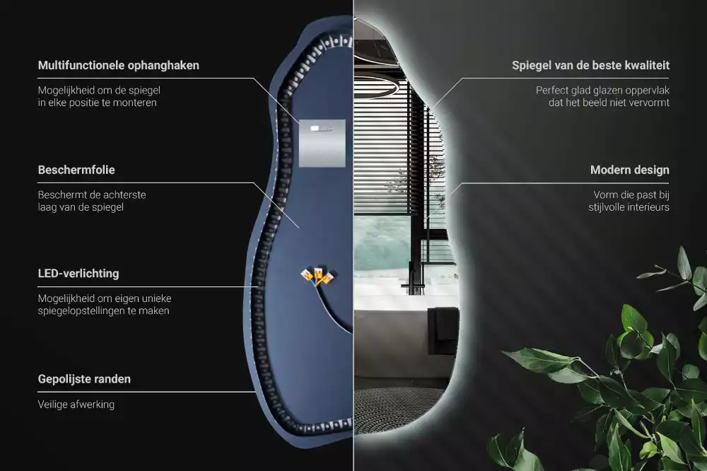 Miroir suspendu de forme organique avec éclairage LED