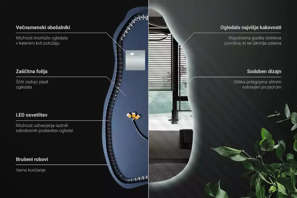 Miroir suspendu de forme organique avec éclairage LED