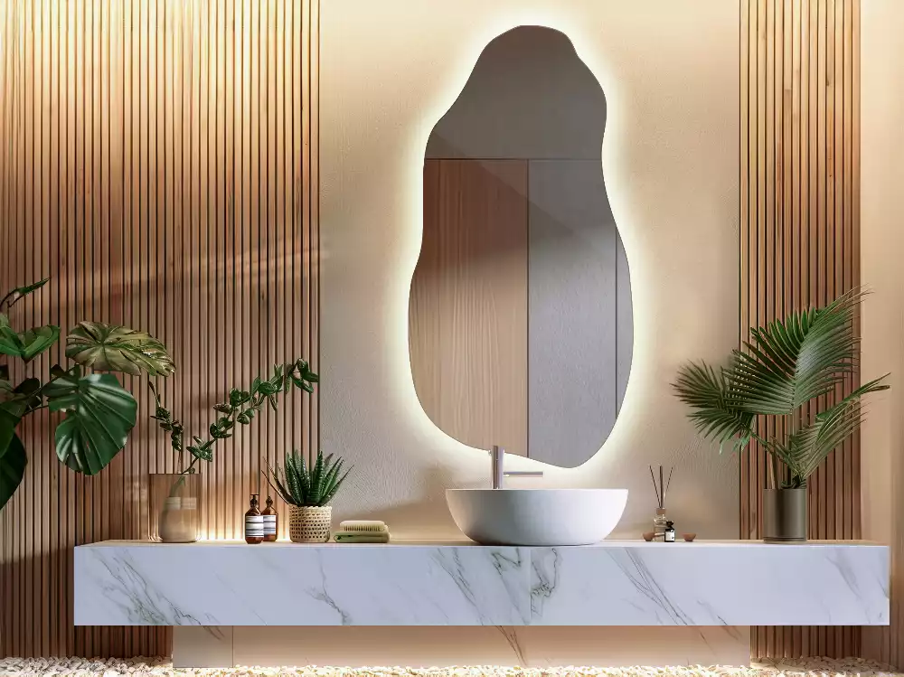 Miroir suspendu de forme organique avec éclairage LED