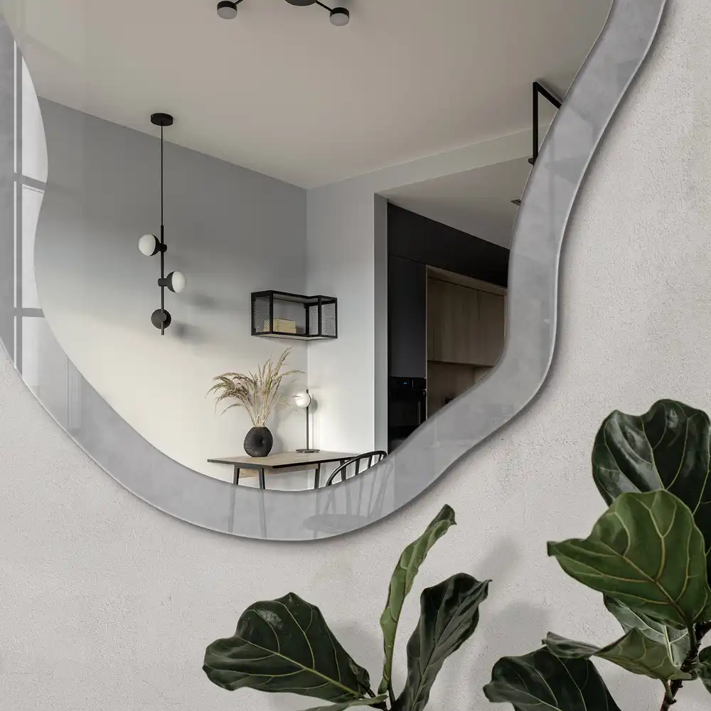 Miroir décoratif irrégulier avec impression abstraite grise