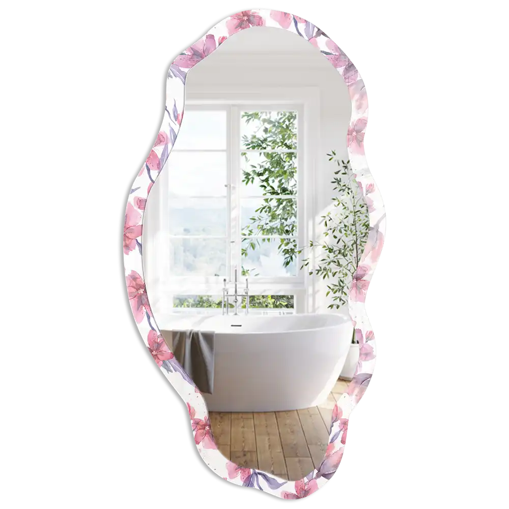 Miroir encadré avec impression aquarelle florale de forme irrégulière
