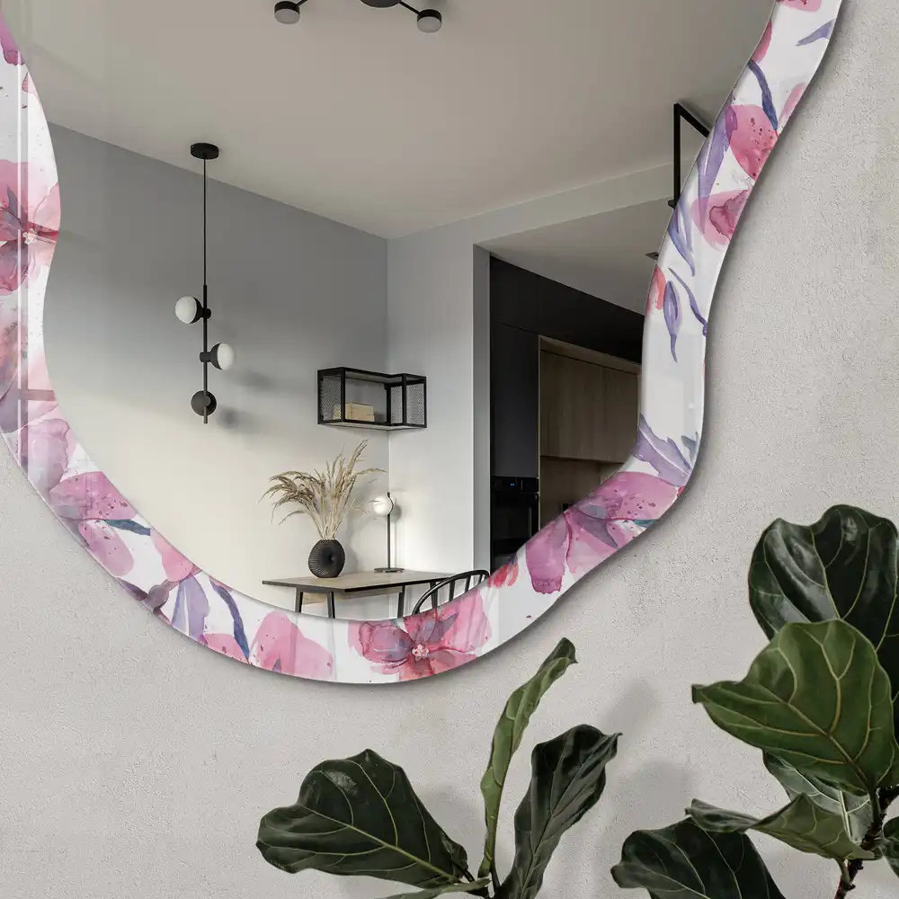 Miroir encadré avec impression aquarelle florale de forme irrégulière