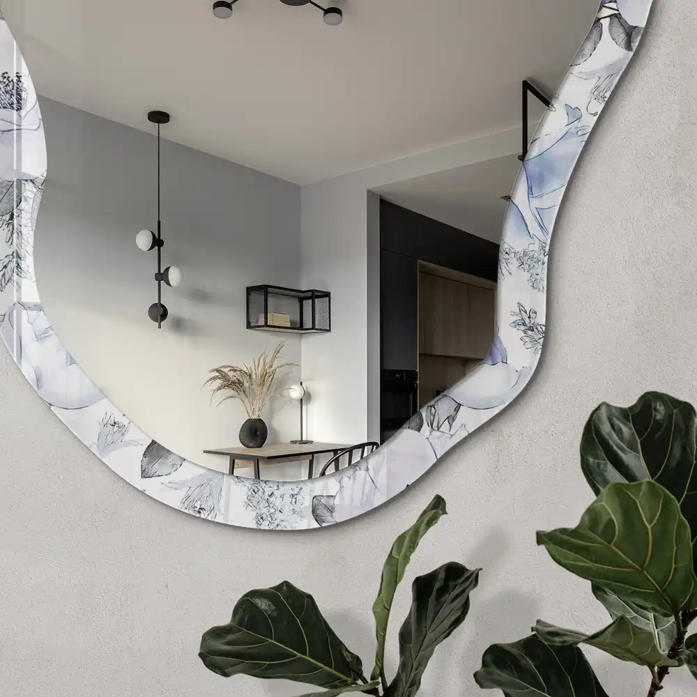 Miroir encadré à impression florale et forme irrégulière