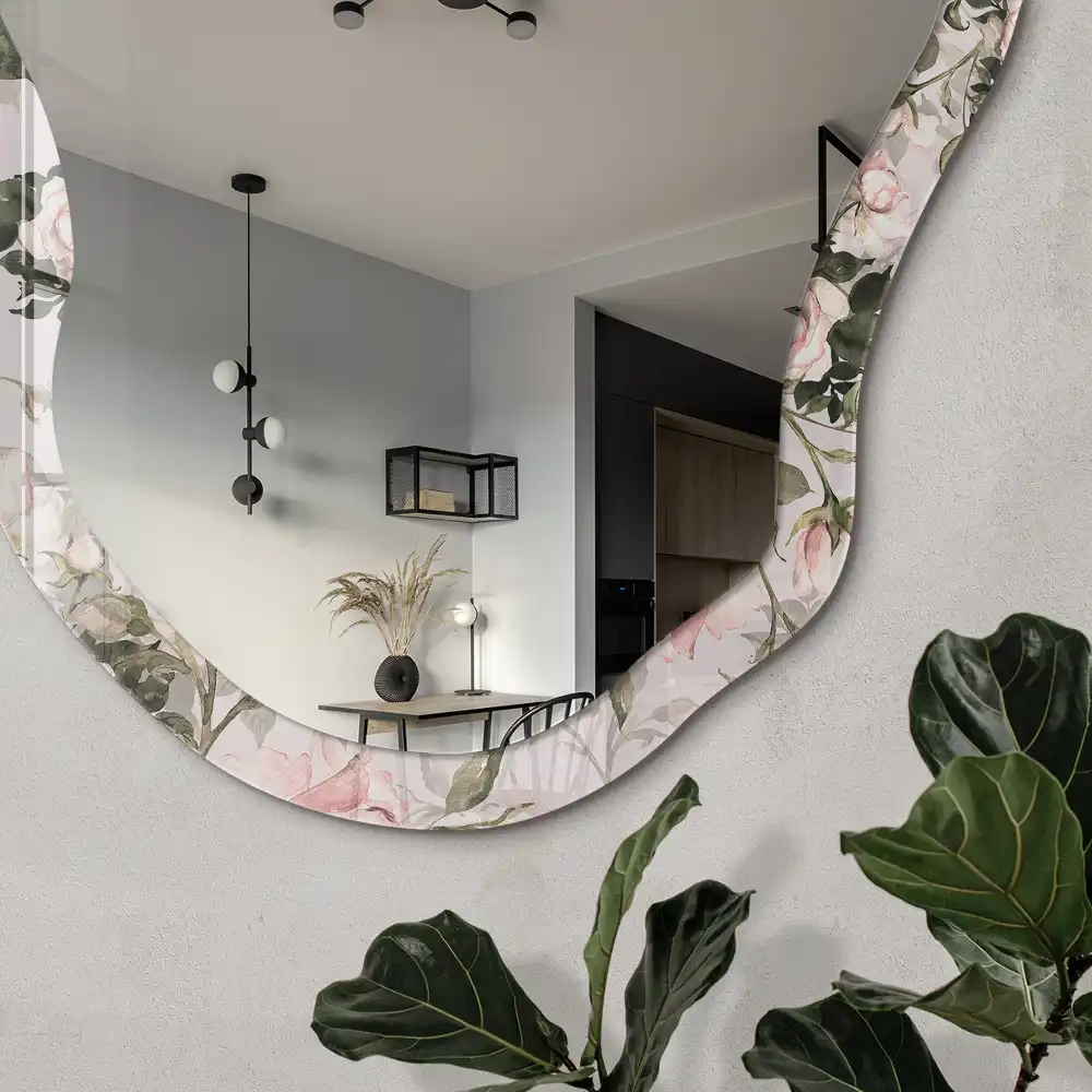 Miroir irrégulier avec impression de roses vintage