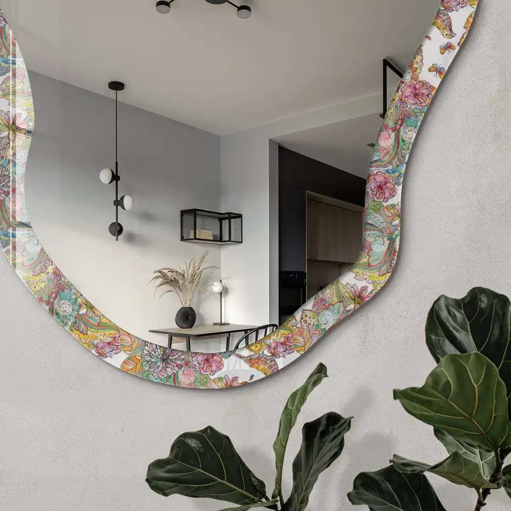 Miroir encadré à impression motif Jardins d'oiseaux forme irrégulière