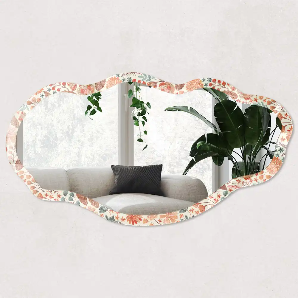 Miroir encadré à motif floral avec impression de forme irrégulière