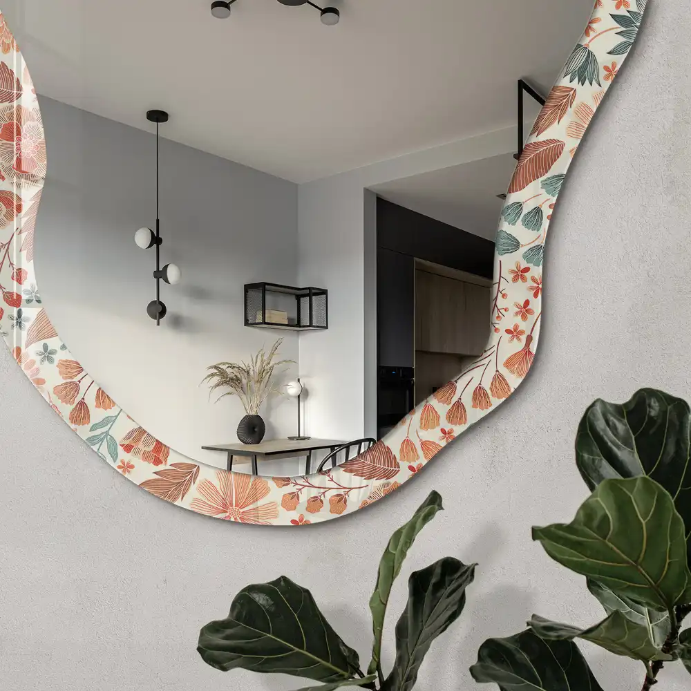 Miroir encadré à motif floral avec impression de forme irrégulière