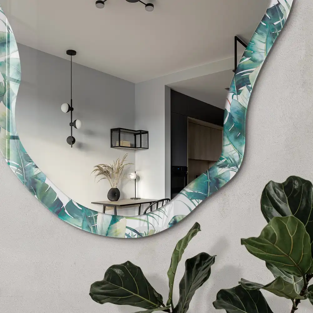 Miroir irrégulier à motif de feuilles tropicales