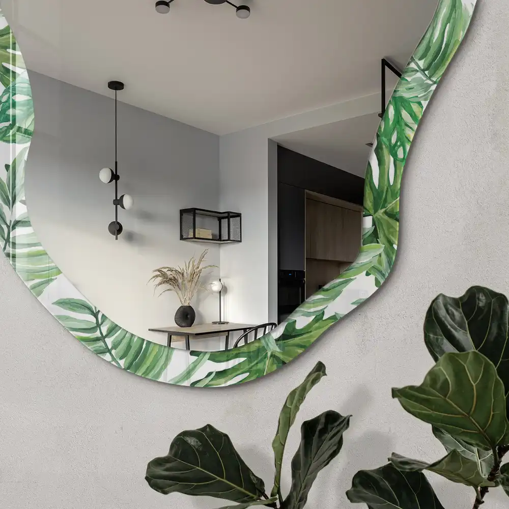 Miroir irrégulier avec impression feuilles tropicales