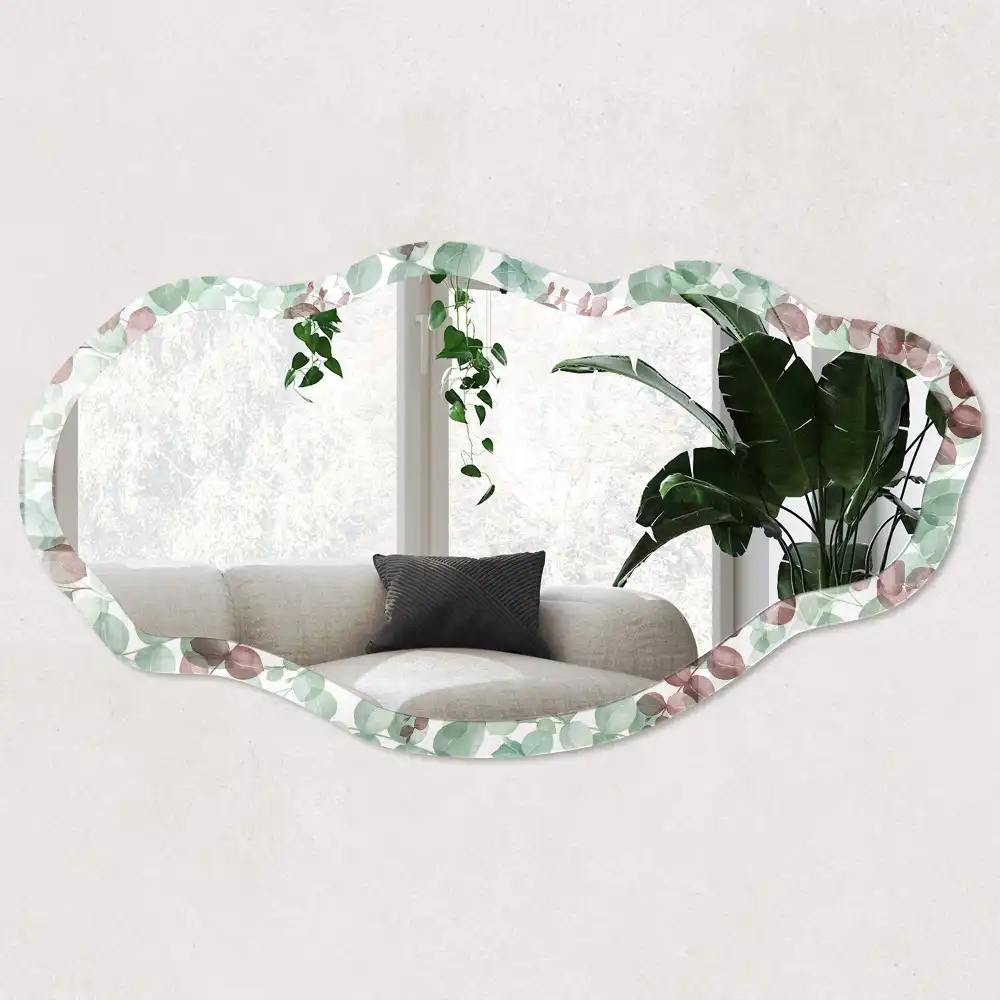 Miroir encadré avec impression de feuilles à l'aquarelle de forme irrégulière