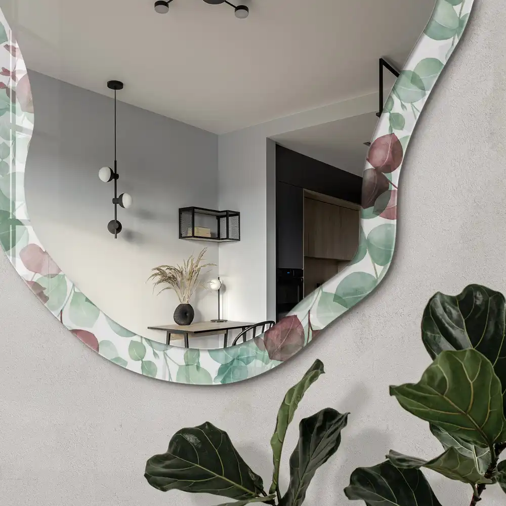 Miroir encadré avec impression de feuilles à l'aquarelle de forme irrégulière