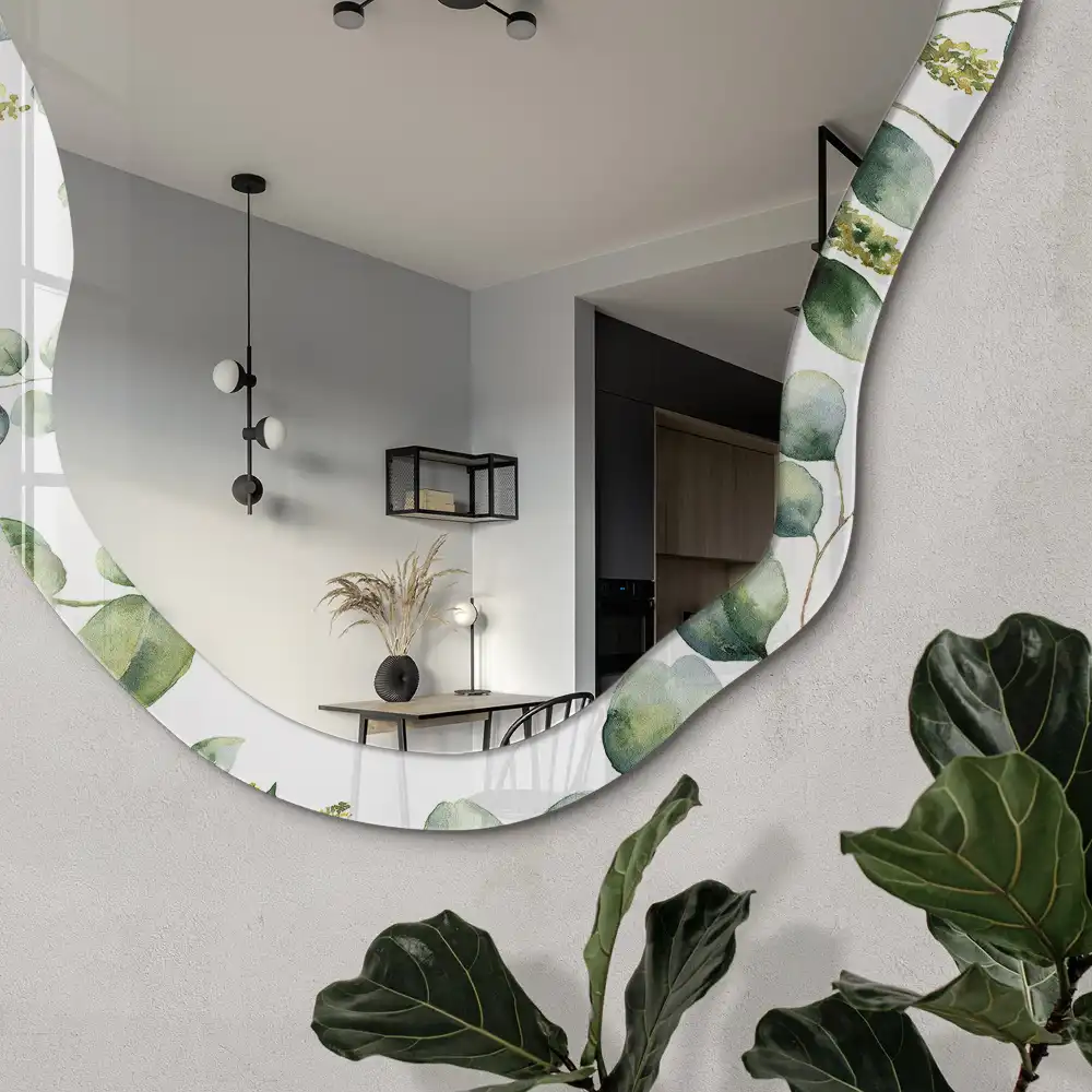 Miroir décoratif irrégulier à motif d'eucalyptus vert
