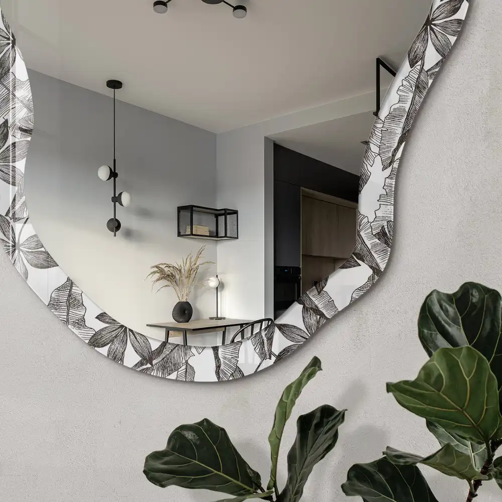 Miroir encadré avec impression à motifs tropicaux et forme irrégulière