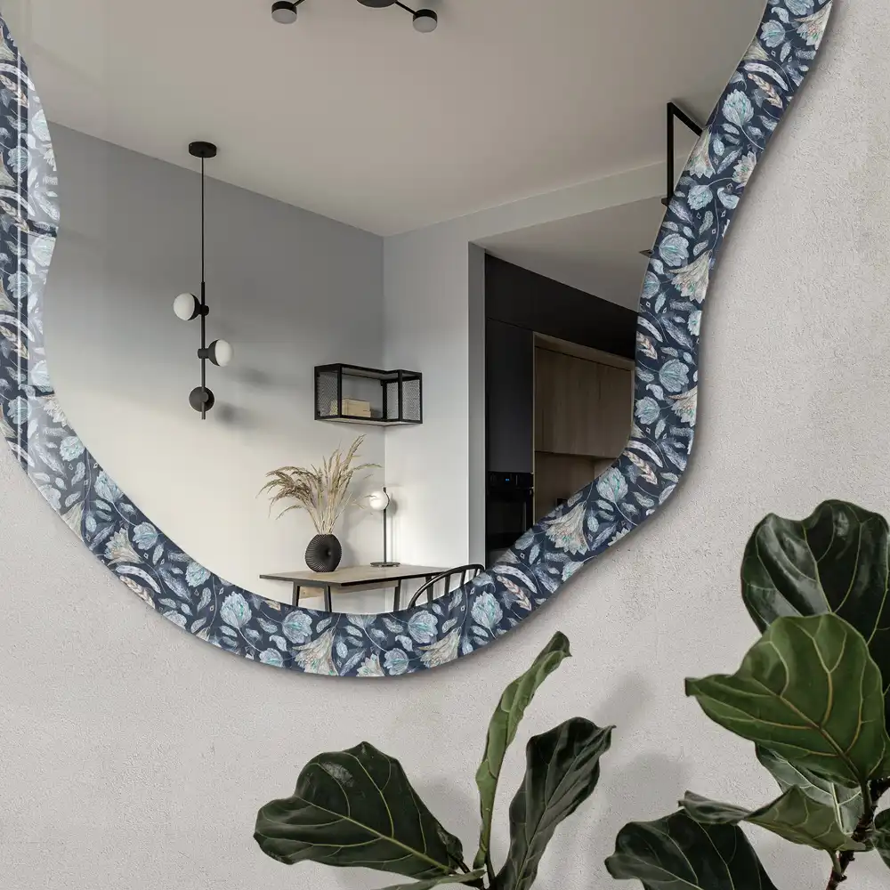 Miroir encadré avec impression de motif végétal forme irrégulière
