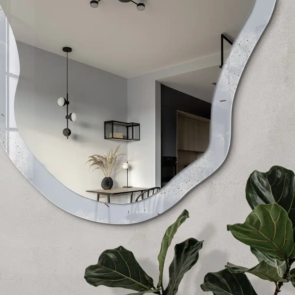 Miroir encadré à motif de pissenlits bleus de forme irrégulière