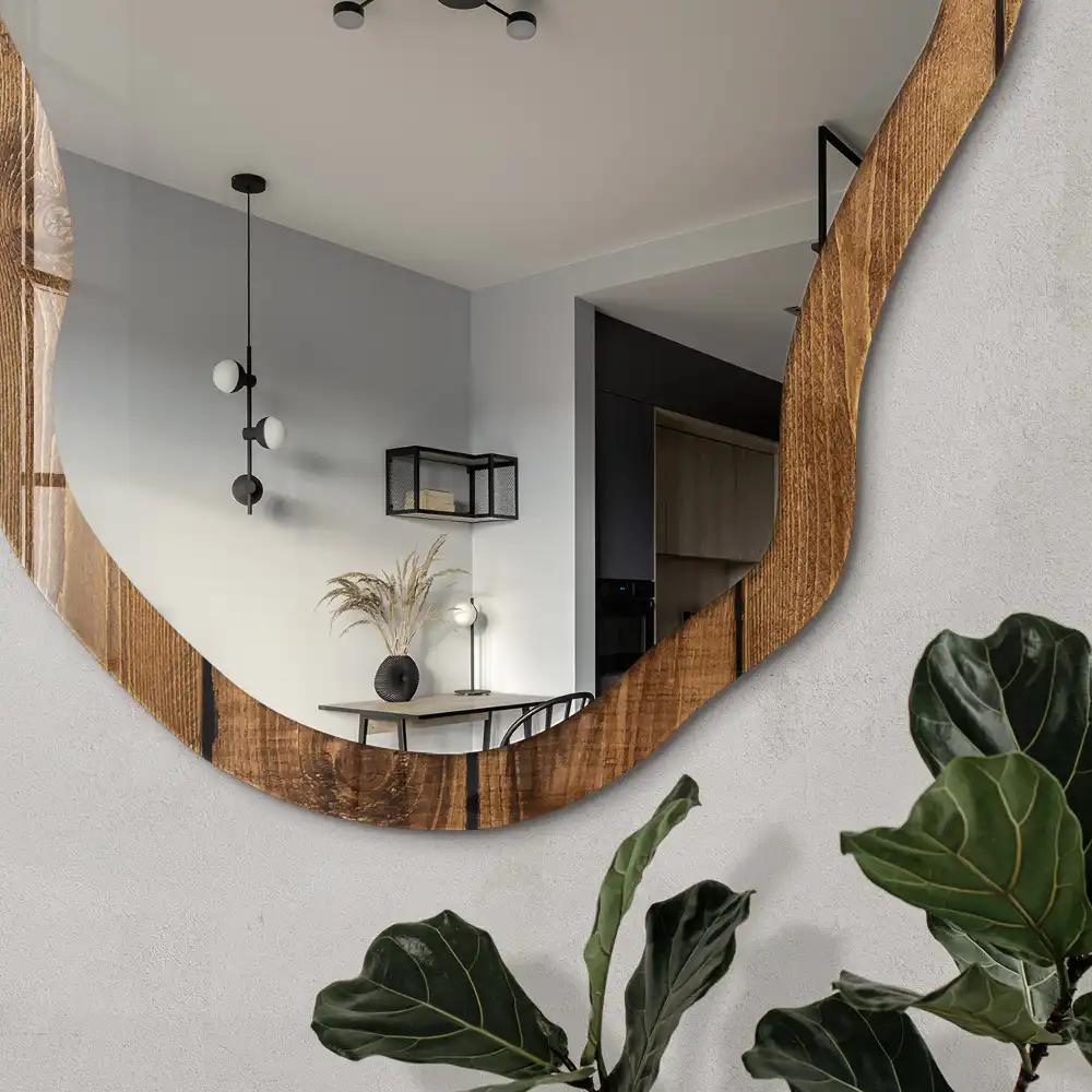 Miroir irrégulier à effet texture bois