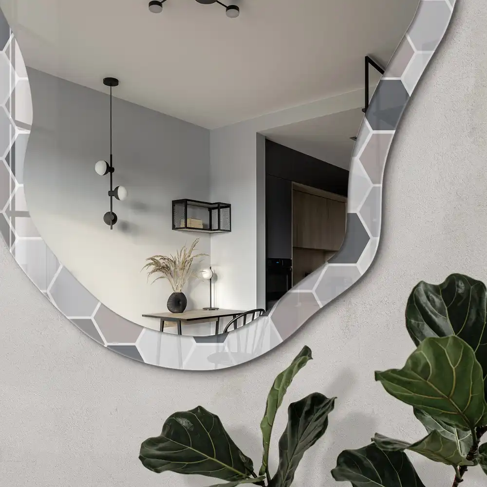 Miroir irrégulier avec impression hexagones gris
