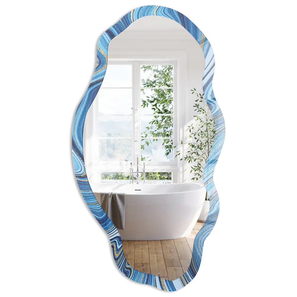 Miroir encadré à impression marbre bleu forme irrégulière