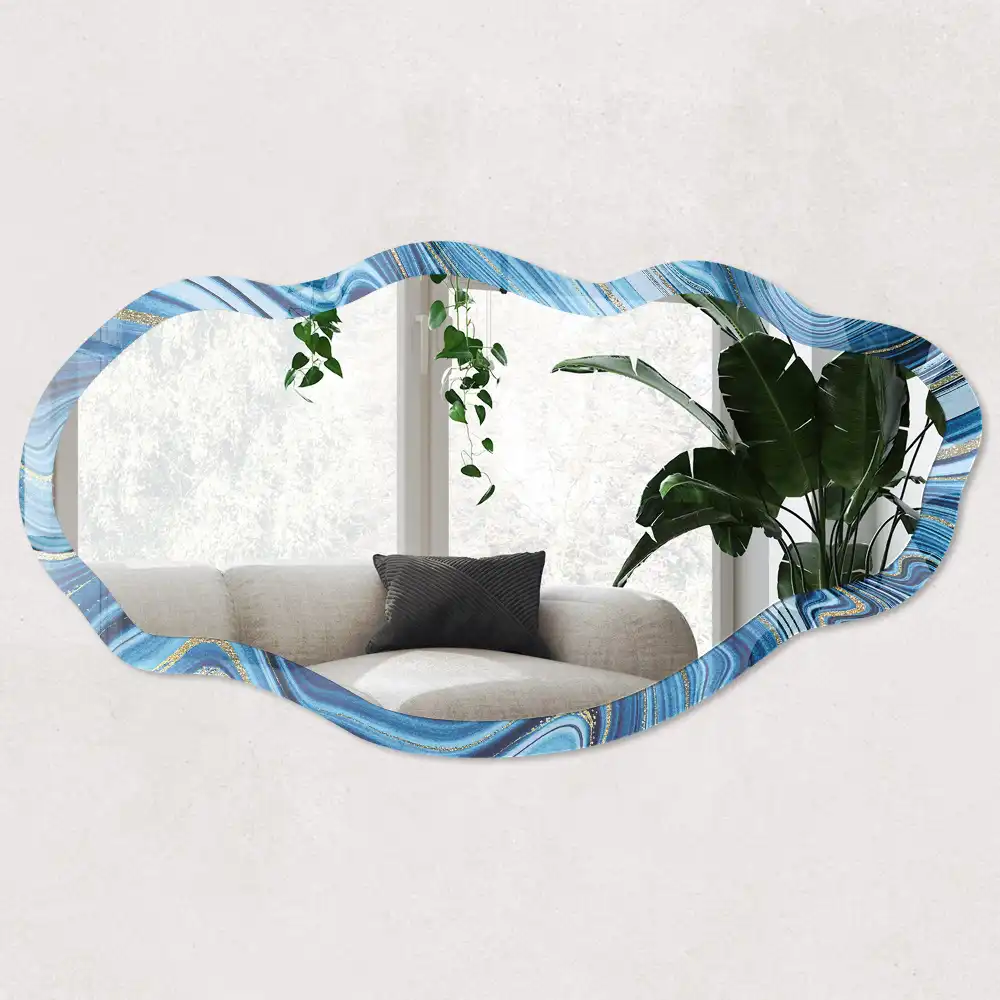 Miroir encadré à impression marbre bleu forme irrégulière