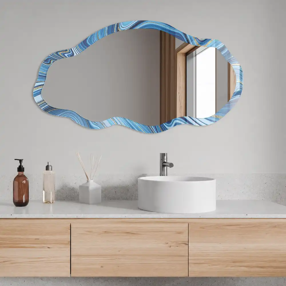 Miroir encadré à impression marbre bleu forme irrégulière