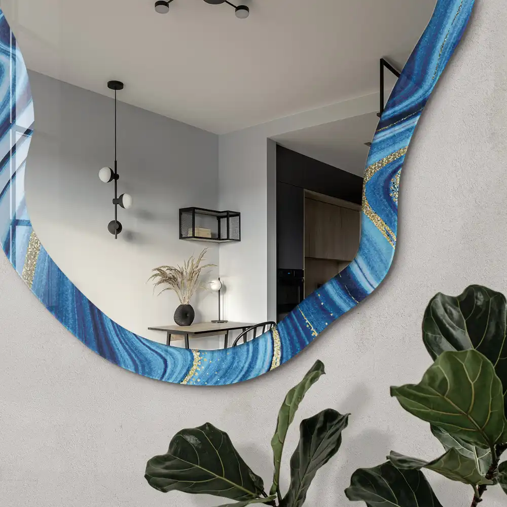 Miroir encadré à impression marbre bleu forme irrégulière
