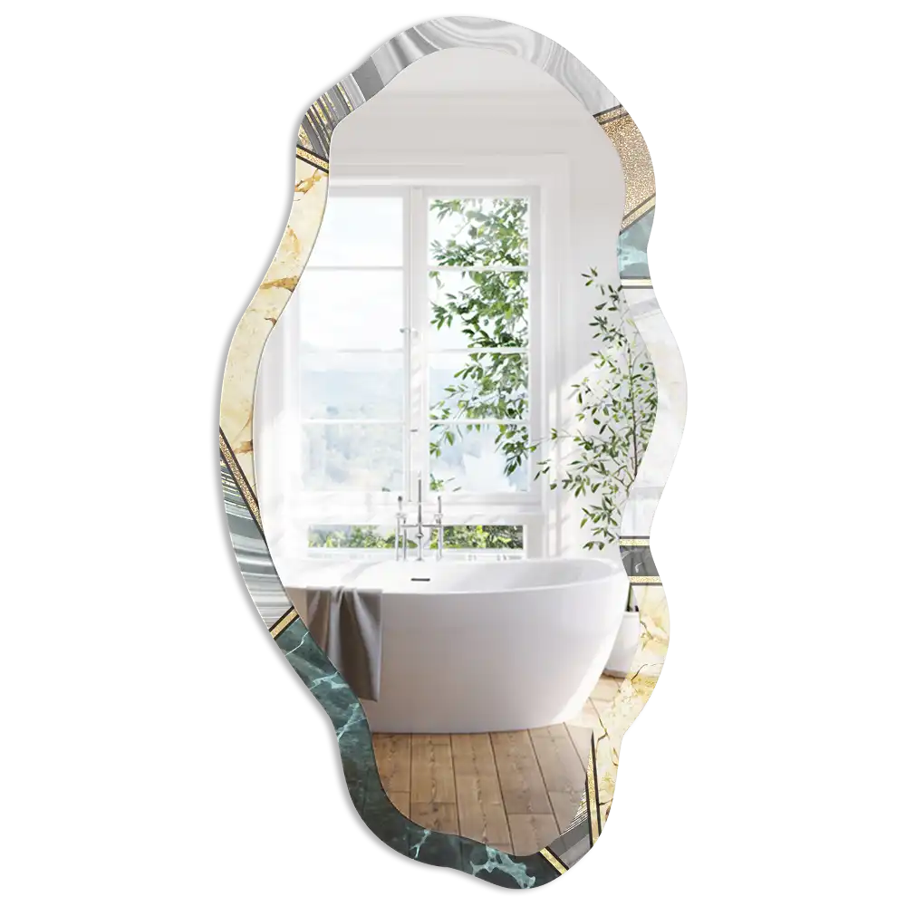 Miroir encadré à motif mosaïque géométrique de forme irrégulière