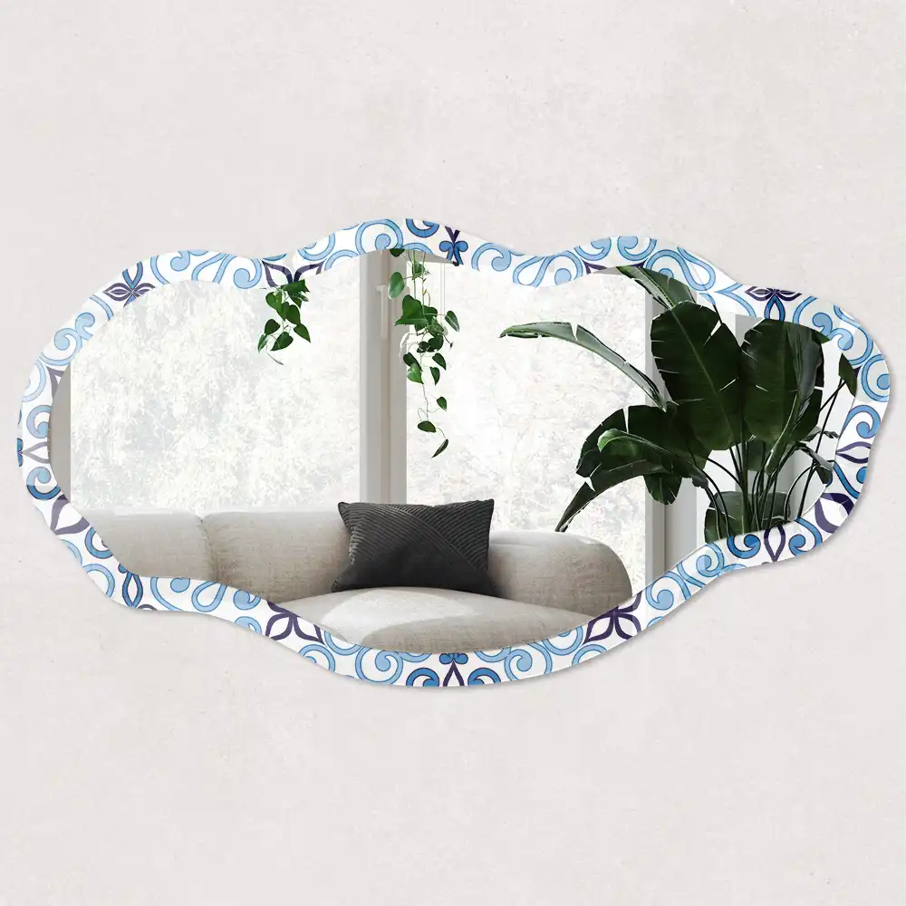 Miroir irrégulier avec impression ornementale bleu clair