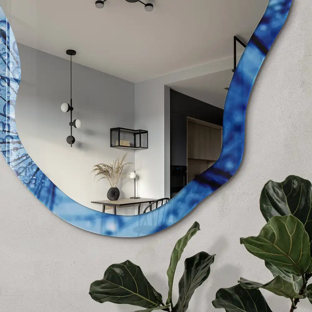 Miroir irrégulier avec impression pissenlit bleu