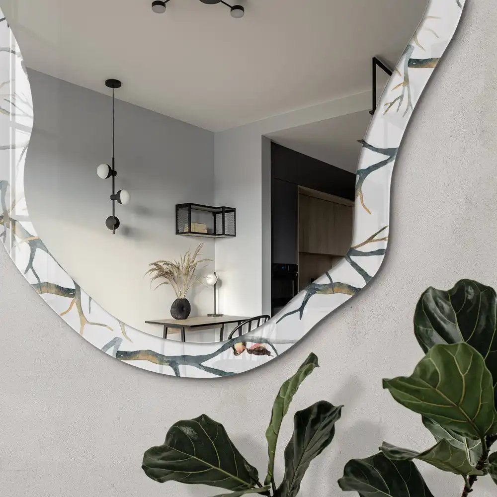 Miroir encadré avec impression oiseaux sur des branches forme irrégulière