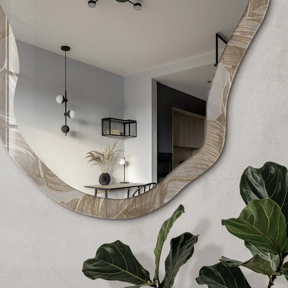 Miroir irrégulier à motif de feuilles beiges