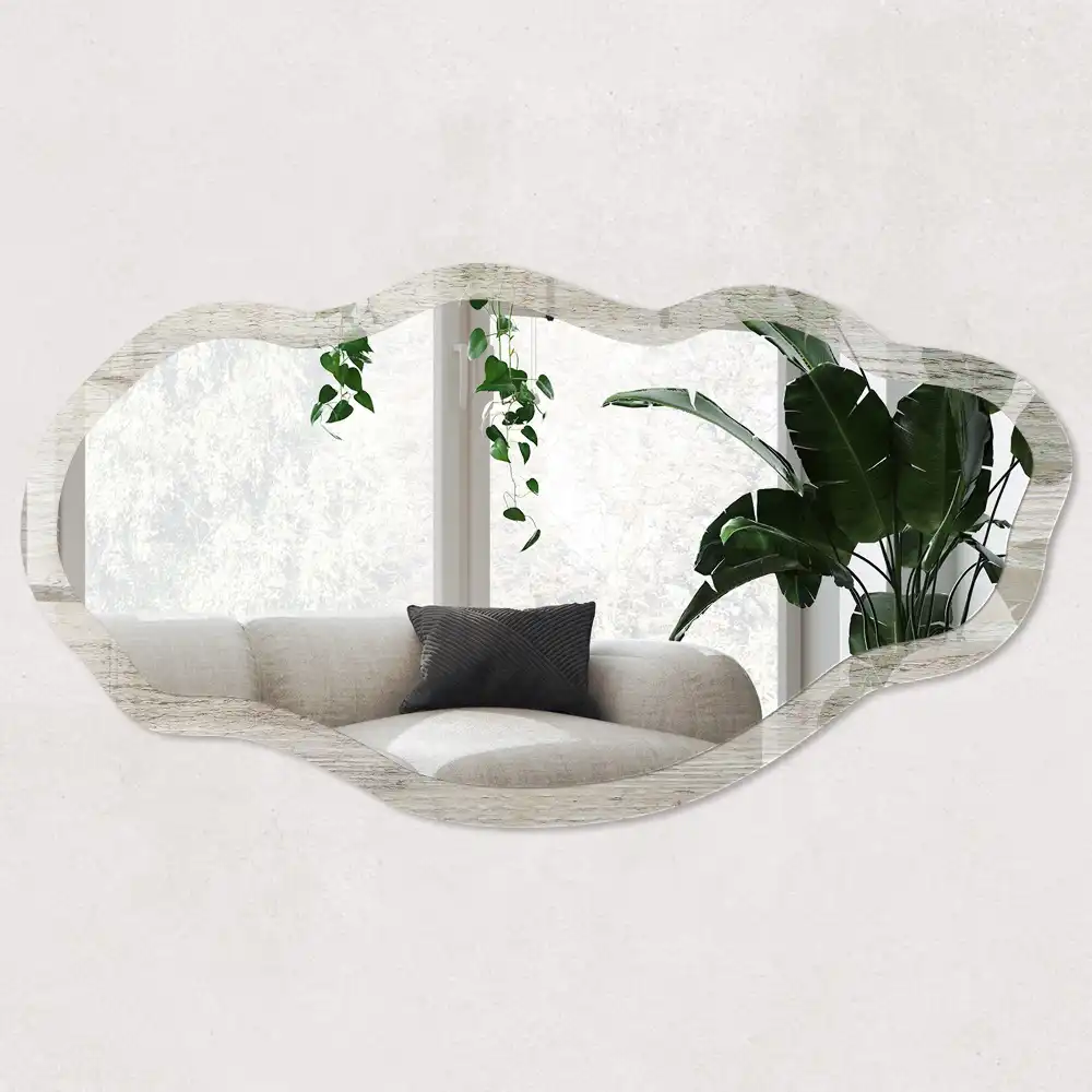 Miroir encadré à impression de forme irrégulière en bois clair