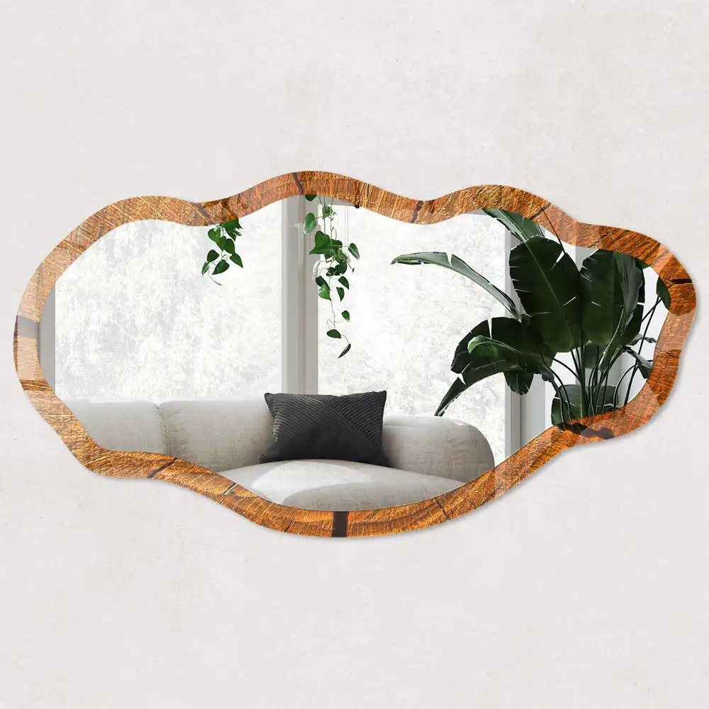 Miroir encadré à impression forme irrégulière avec structure en bois
