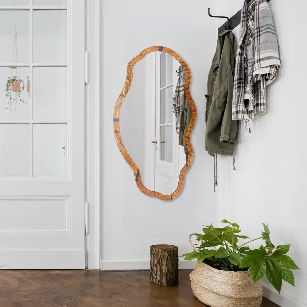 Miroir encadré à impression forme irrégulière avec structure en bois