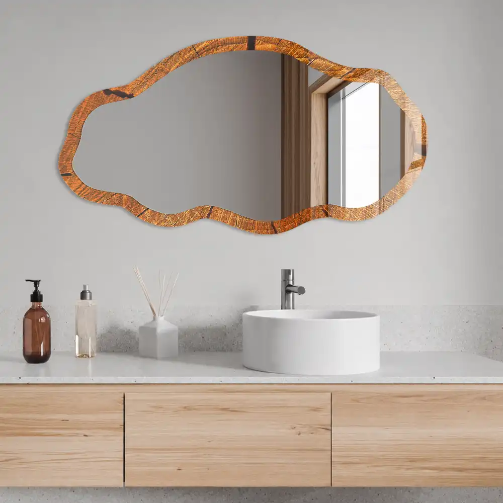 Miroir encadré à impression forme irrégulière avec structure en bois
