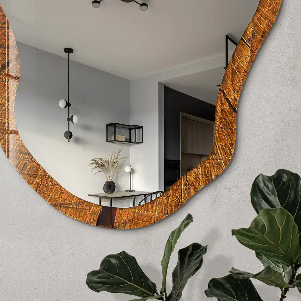 Miroir encadré à impression forme irrégulière avec structure en bois