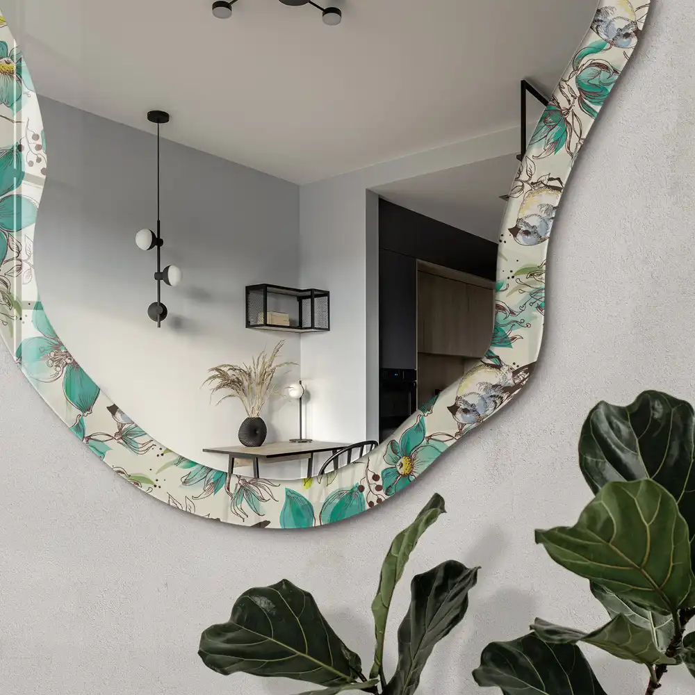 Miroir décoratif irrégulier à motif fleurs et oiseaux