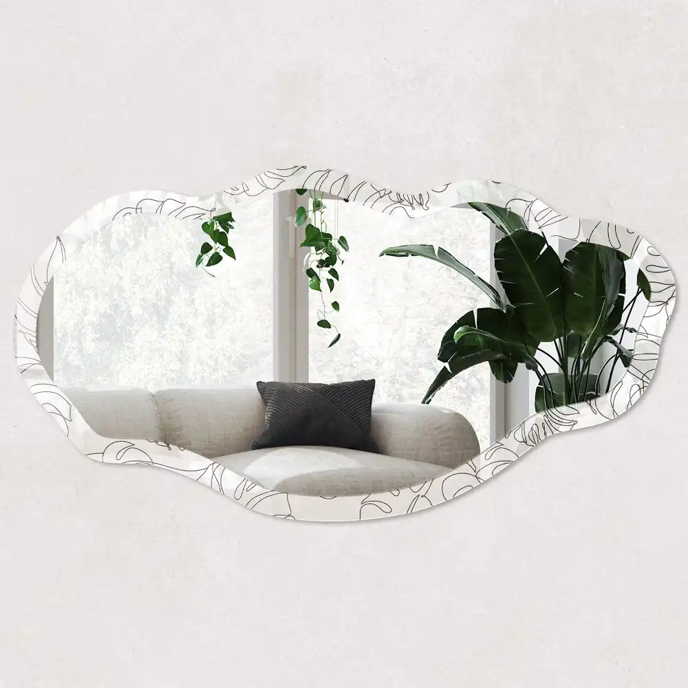 Miroir encadré avec impression de feuilles de monstera forme irrégulière