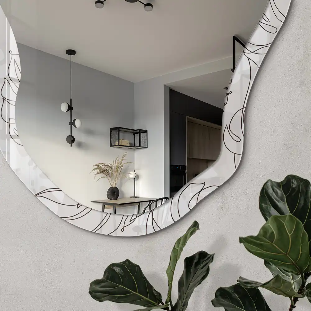 Miroir encadré avec impression de feuilles de monstera forme irrégulière